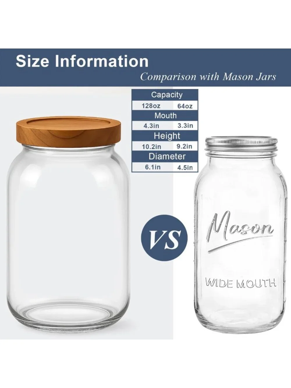 2 Pack Airtight Glass Storage Jars with Wooden Lids - 1 Gallon Wide Mouth